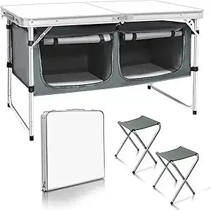 Outdoor Folding Aluminum Table With Adjustable Height And Storage Organizer