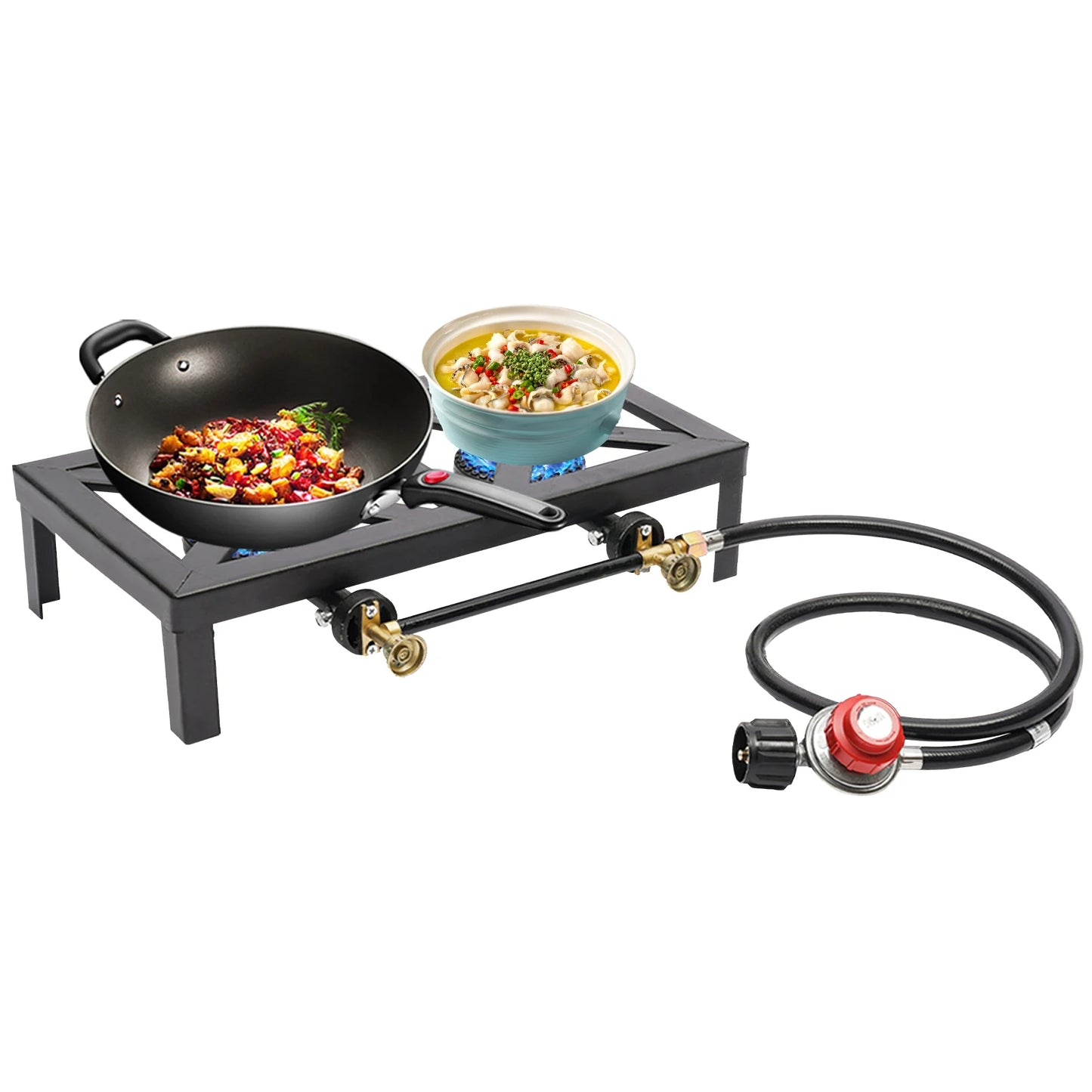 Portable Dual Burner Outdoor Gas Stove With Adjustable Regulator Hose