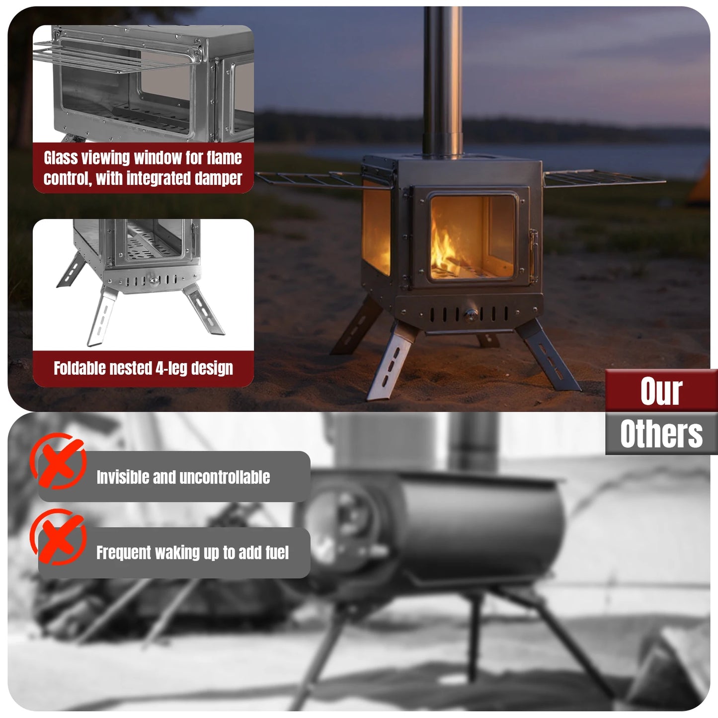 Shunmaii Stainless Steel Smokeless Wood Stove With Glass Window Camping