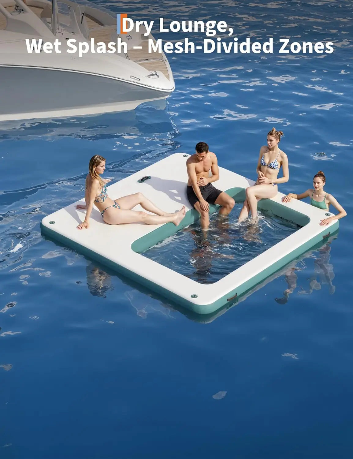10x10FT Inflatable Floating Dock,Square Inflatable Dock Floating Platform with Mesh Swim Area,Boats,Pool,Lake,Beach,Ocean