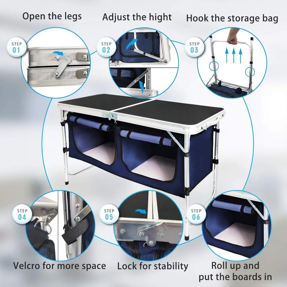 Outdoor Folding Aluminum Table With Adjustable Height And Storage Organizer