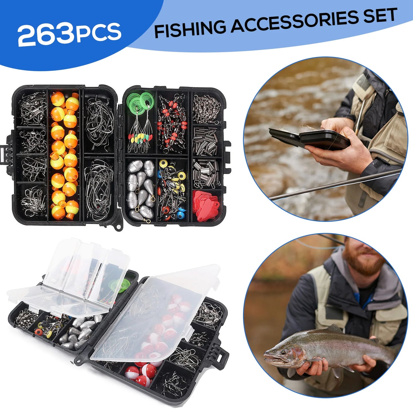 Docooler 263Pcs Fishing Accessories Set With Tackle Box And Hooks
